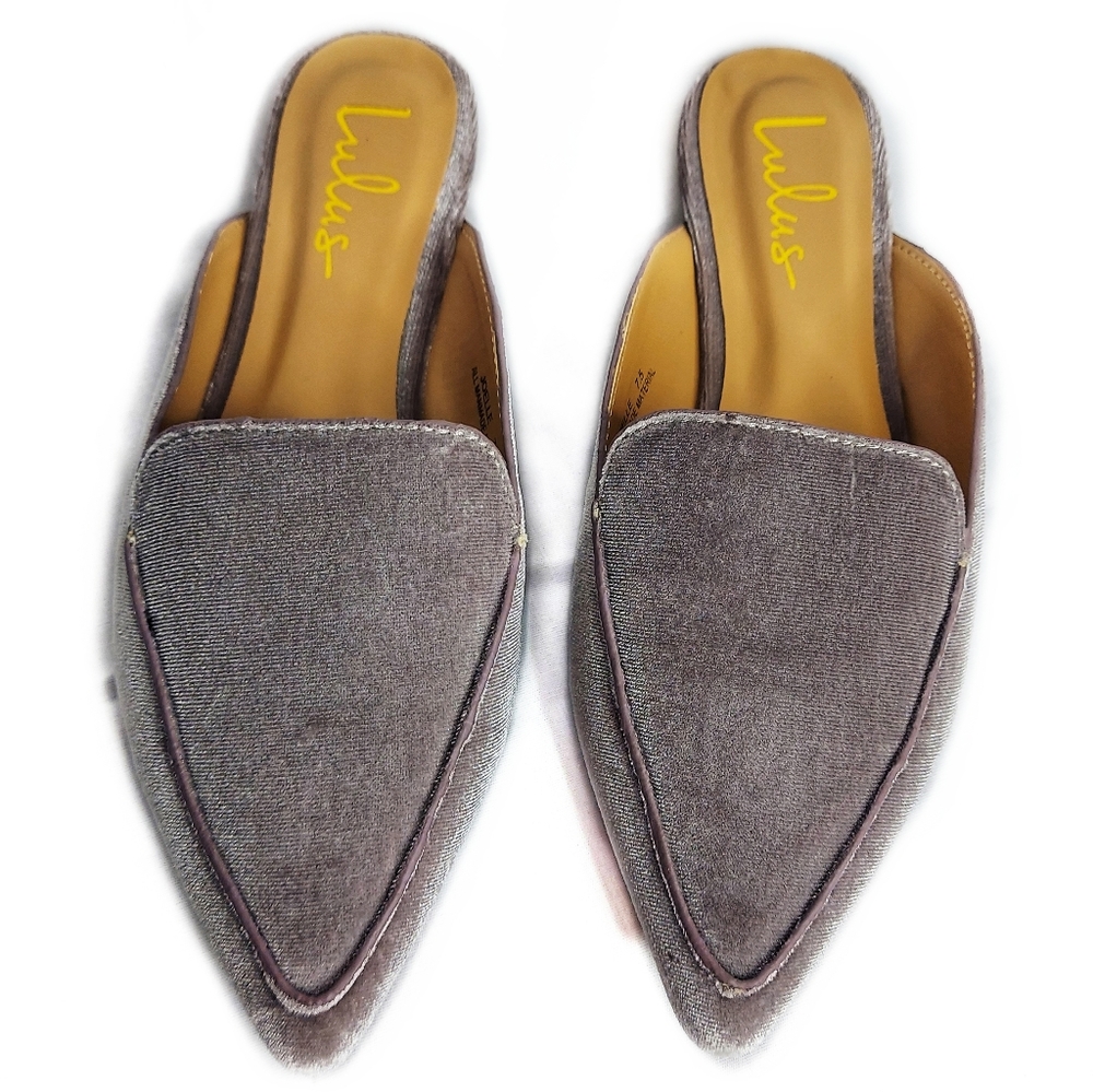 Lulus Joelle Pointed Toe Gray Velvet Loafer Slides